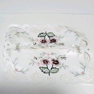 Vintage Kleenex Box Cover Fabric Embroidered Flowers Bows Fits 12" x 6" Box